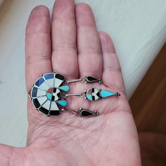 Vintage Native American Zuni Handmade Gemstone Dangle Headdress Pendant/Pin ๐ค๐ - Picture 10 of 11